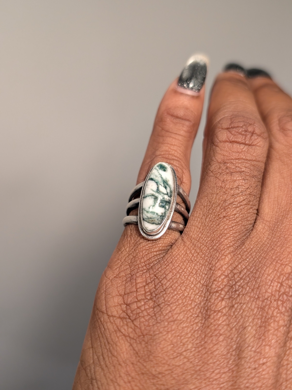 Rubbed Off 925 Stamp Sterling Silver Green Marble Oval Statement Ring